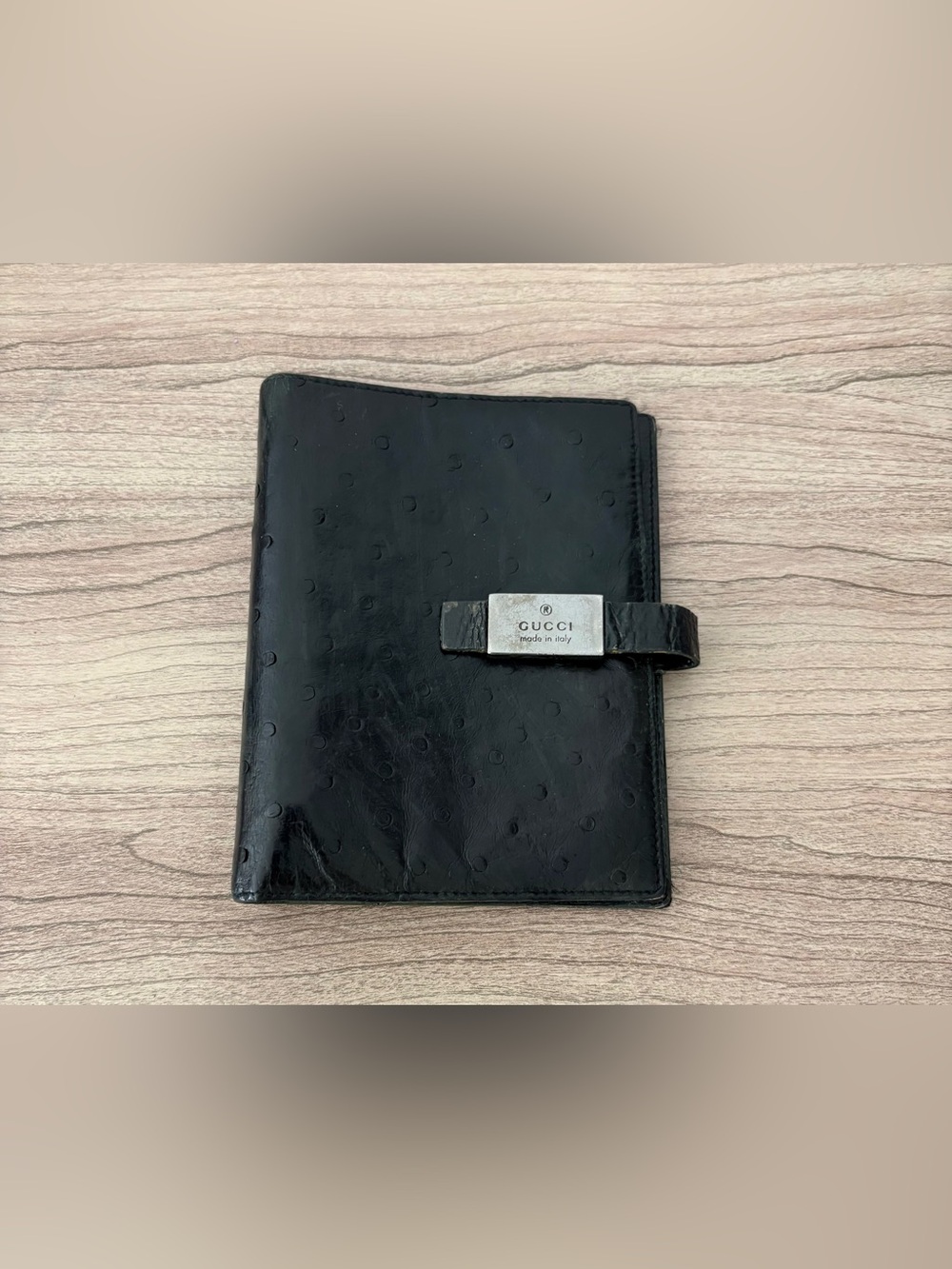 Gucci Black Leather Agenda Journal Cover with Silver Logo Plaque